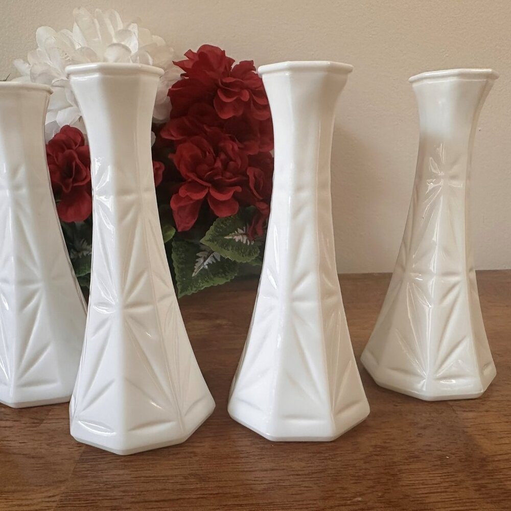 Set of 4 Hoosier Milk Glass‎ Bud Vases Geometric Faceted White Vintage Wedding